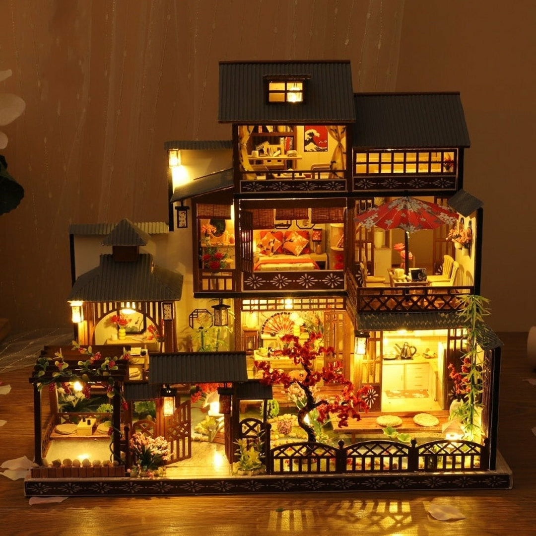 Wooden DIY Japanese Villa Doll House Miniature Kits Handmade Assemble Toy with Furniture LED Light for Gift Collection Image 2