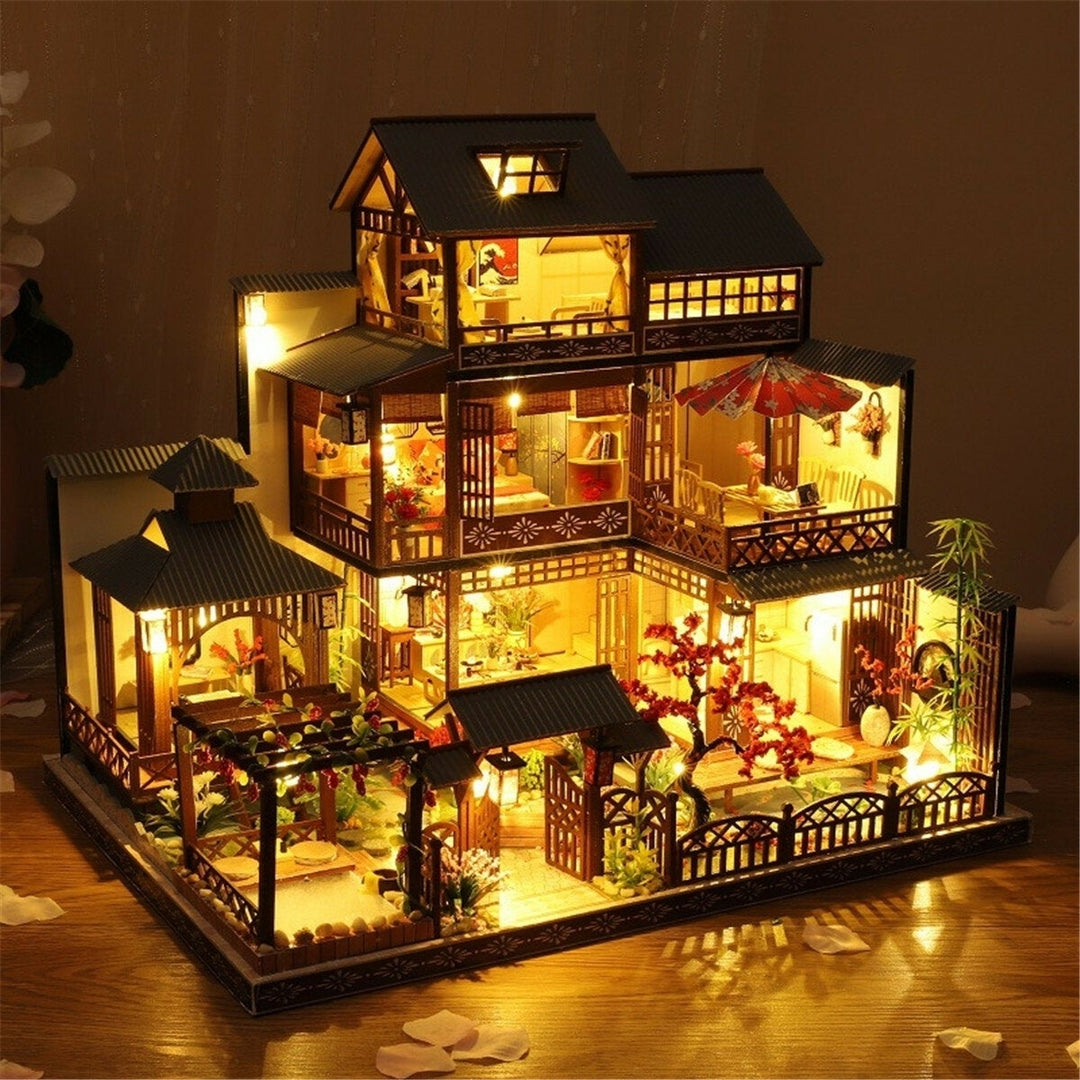 Wooden DIY Japanese Villa Doll House Miniature Kits Handmade Assemble Toy with Furniture LED Light for Gift Collection Image 3