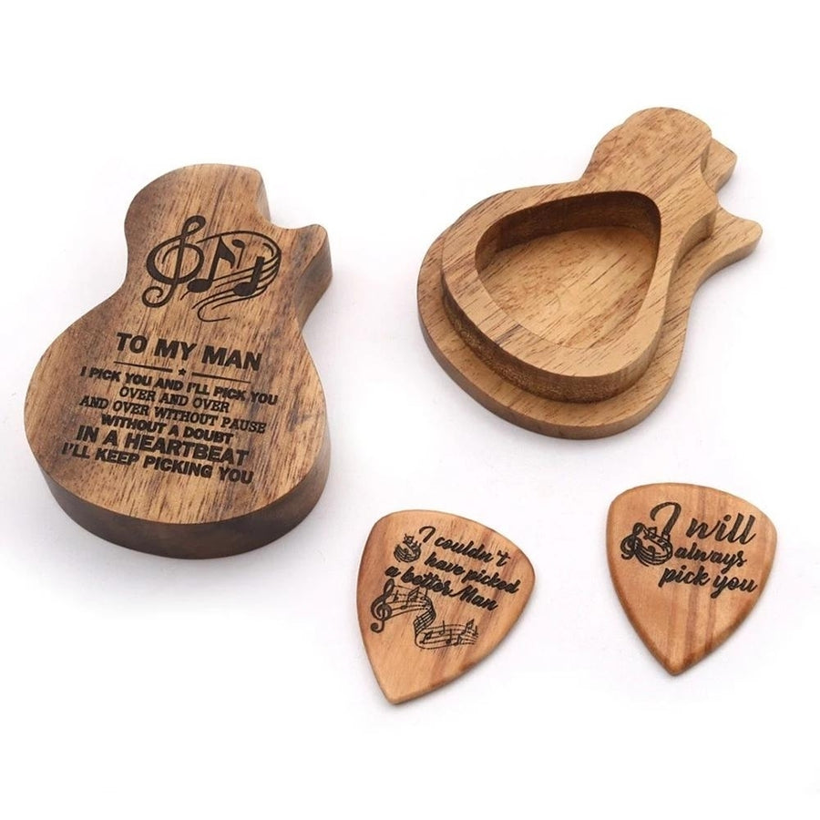 Wooden Guitar Pick Box Holder Collector with 2 PCS Wood Picks Accessories Image 1