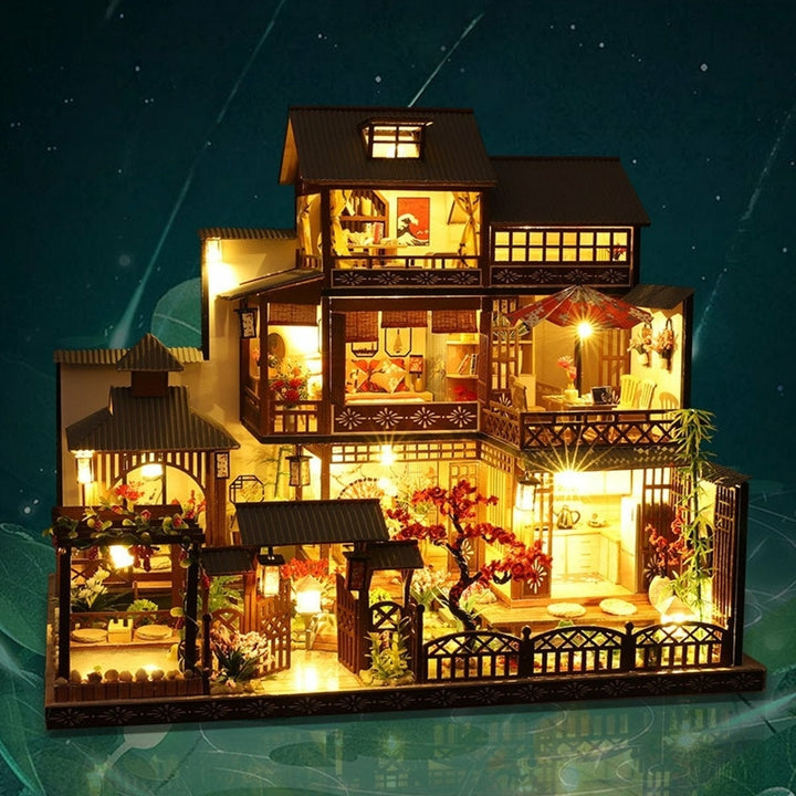 Wooden DIY Japanese Villa Doll House Miniature Kits Handmade Assemble Toy with Furniture LED Light for Gift Collection Image 4