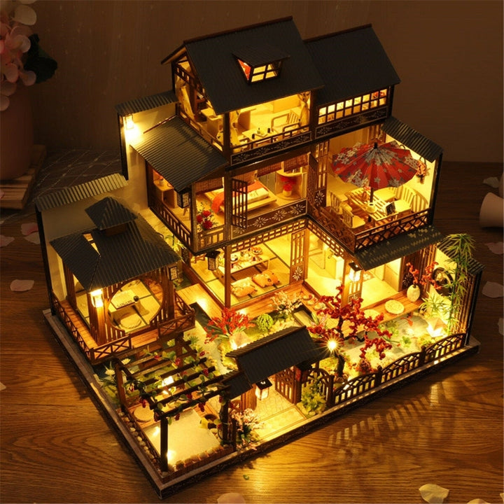 Wooden DIY Japanese Villa Doll House Miniature Kits Handmade Assemble Toy with Furniture LED Light for Gift Collection Image 4