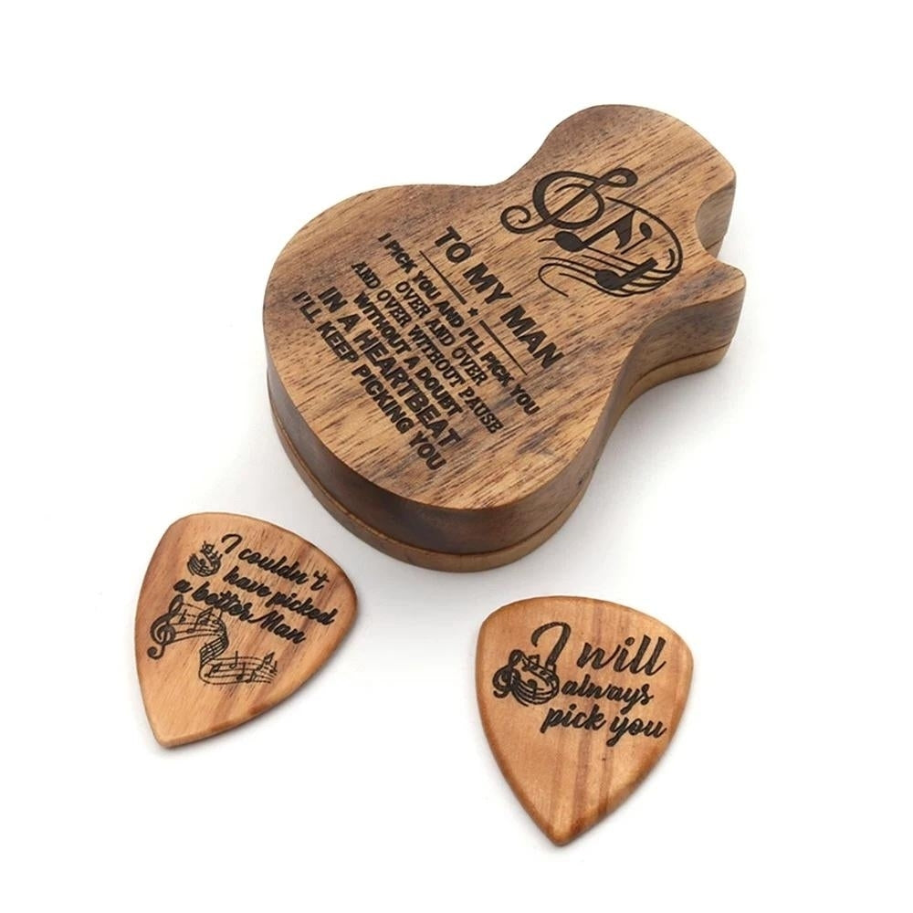 Wooden Guitar Pick Box Holder Collector with 2 PCS Wood Picks Accessories Image 2