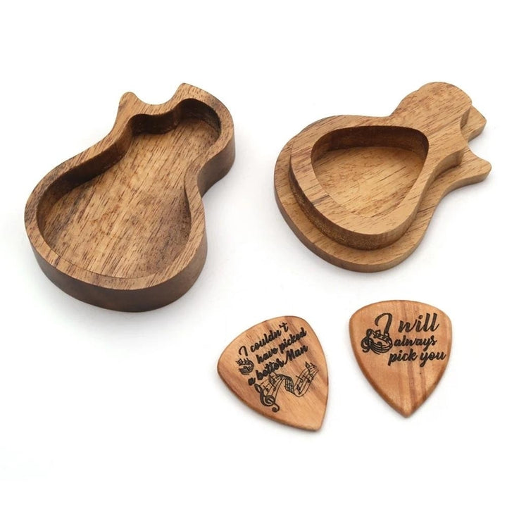 Wooden Guitar Pick Box Holder Collector with 2 PCS Wood Picks Accessories Image 3