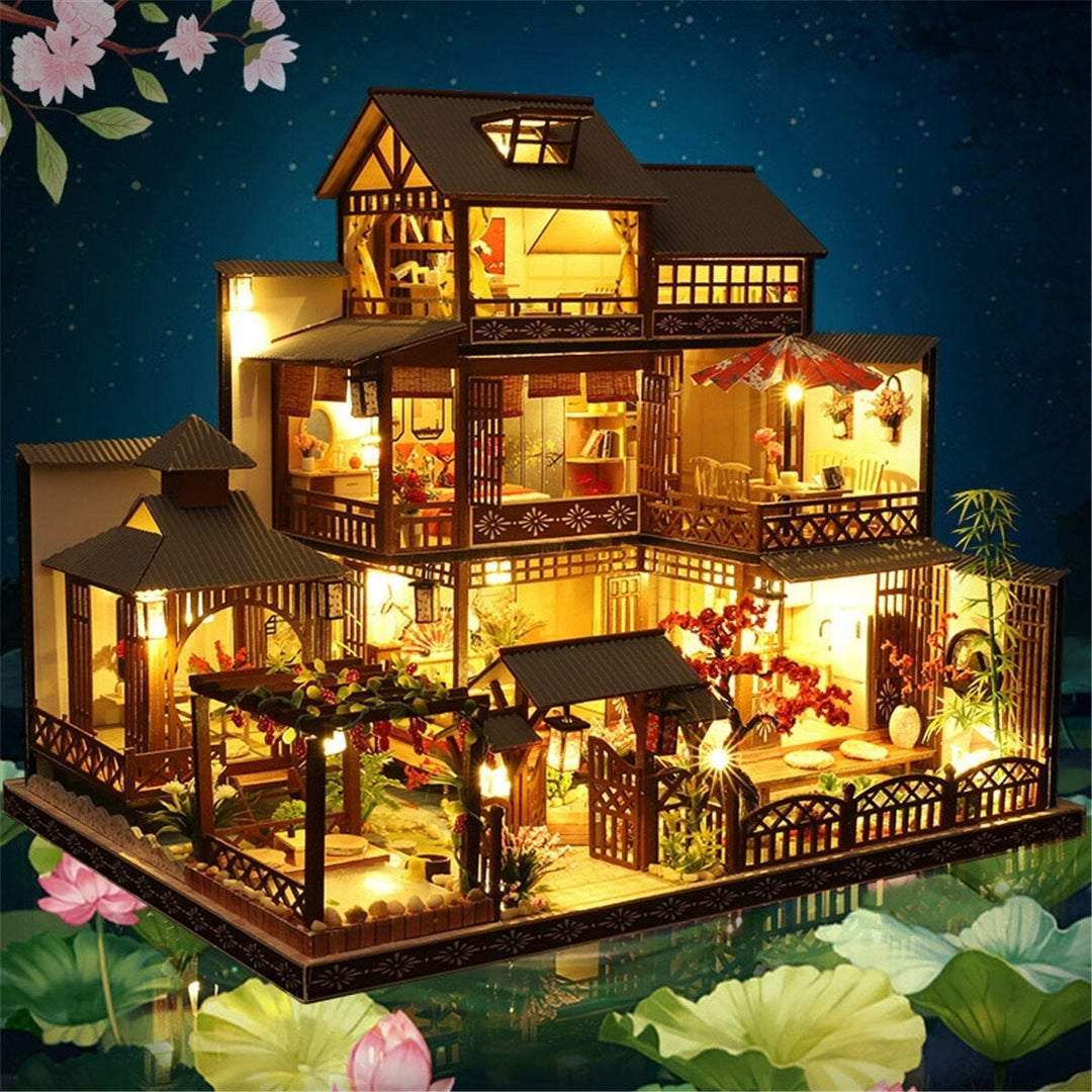 Wooden DIY Japanese Villa Doll House Miniature Kits Handmade Assemble Toy with Furniture LED Light for Gift Collection Image 6