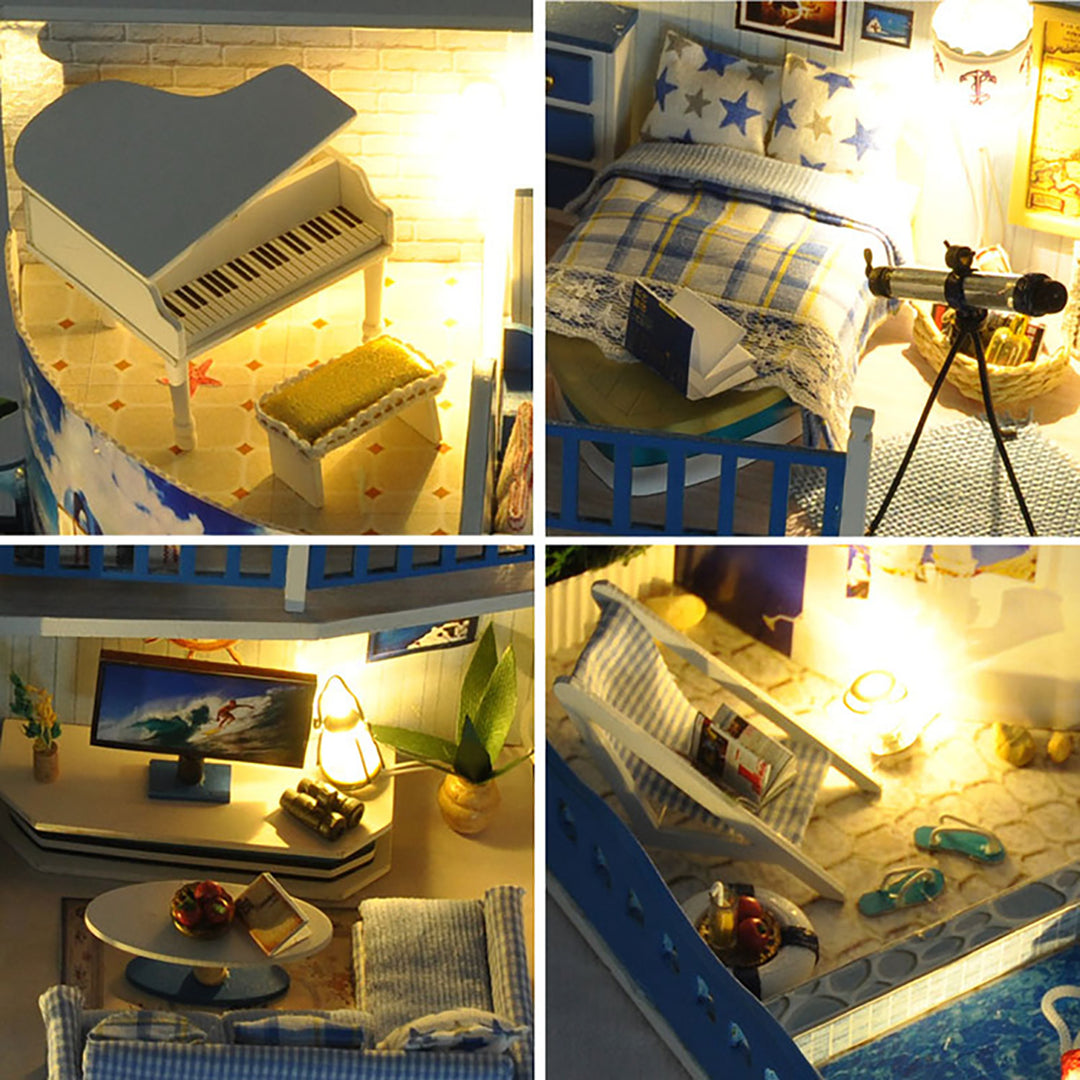 Wooden DIY Handmade Assemble Miniature Doll House Kit Toy with Furniture LED Light Music and Glass Dust Cover for Gift Image 4