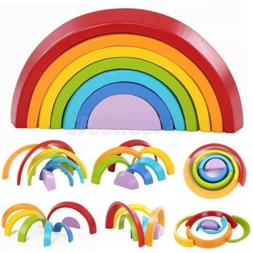 Wooden Rainbow Toys 7Pcs Stacker Educational Learning Toy Puzzles Colorful Building Blocks for Kids Baby Toddlers Image 1