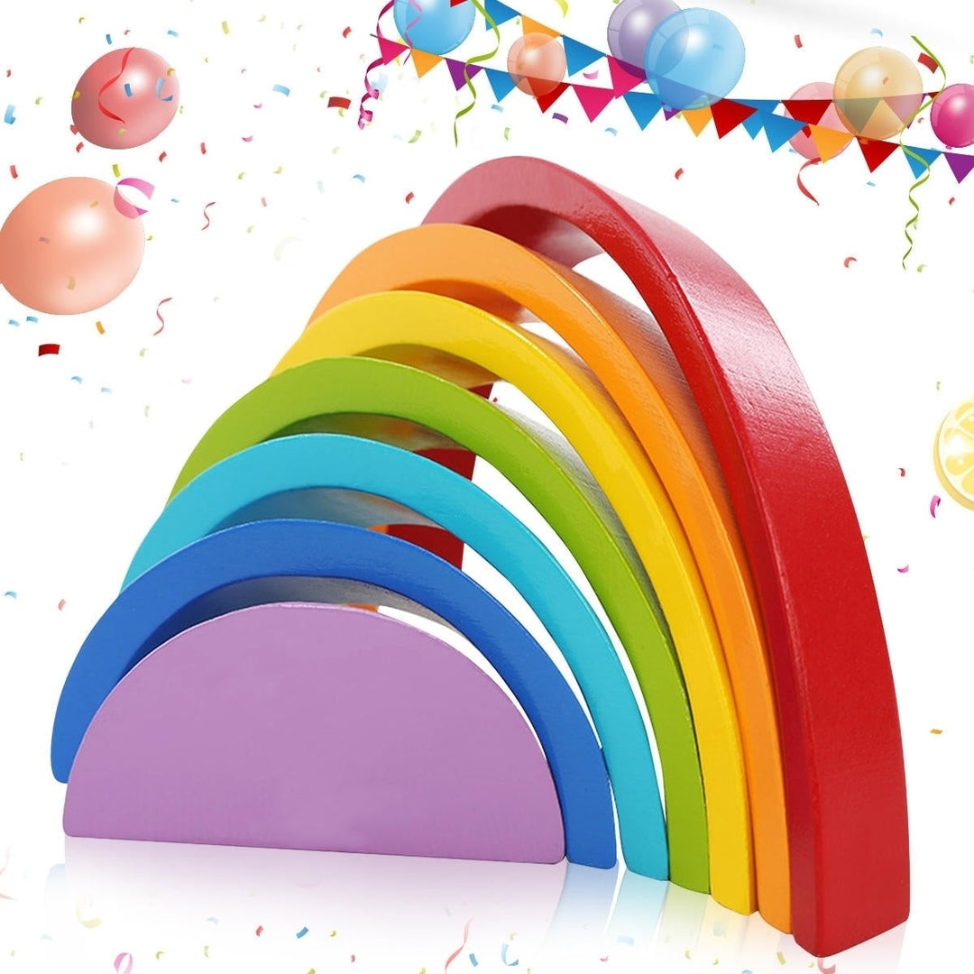 Wooden Rainbow Toys 7Pcs Stacker Educational Learning Toy Puzzles Colorful Building Blocks for Kids Baby Toddlers Image 7