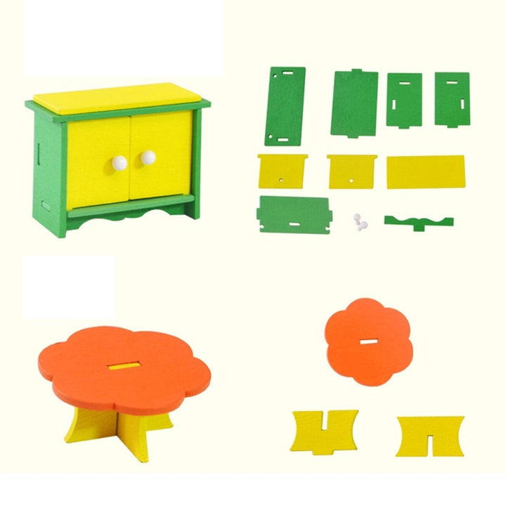Wooden Colorful DIY Assembly Doll House Furniture Kit Early Educational Learning Toys for Kids Gift Image 9