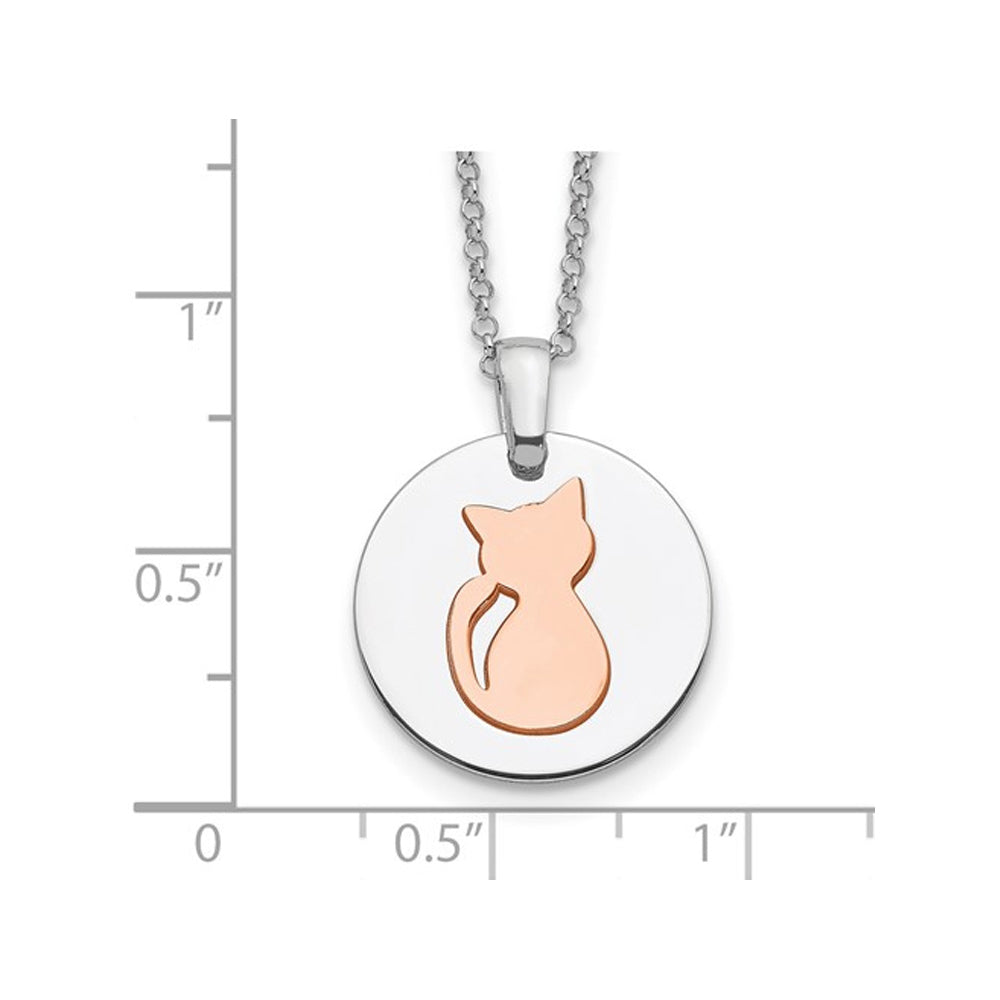 Sterling Silver Cat Disc Pendant Necklace with Rose Gold Plating Image 2