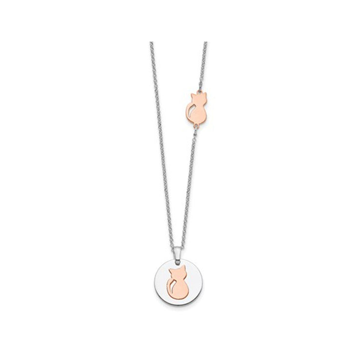 Sterling Silver Cat Disc Pendant Necklace with Rose Gold Plating Image 4