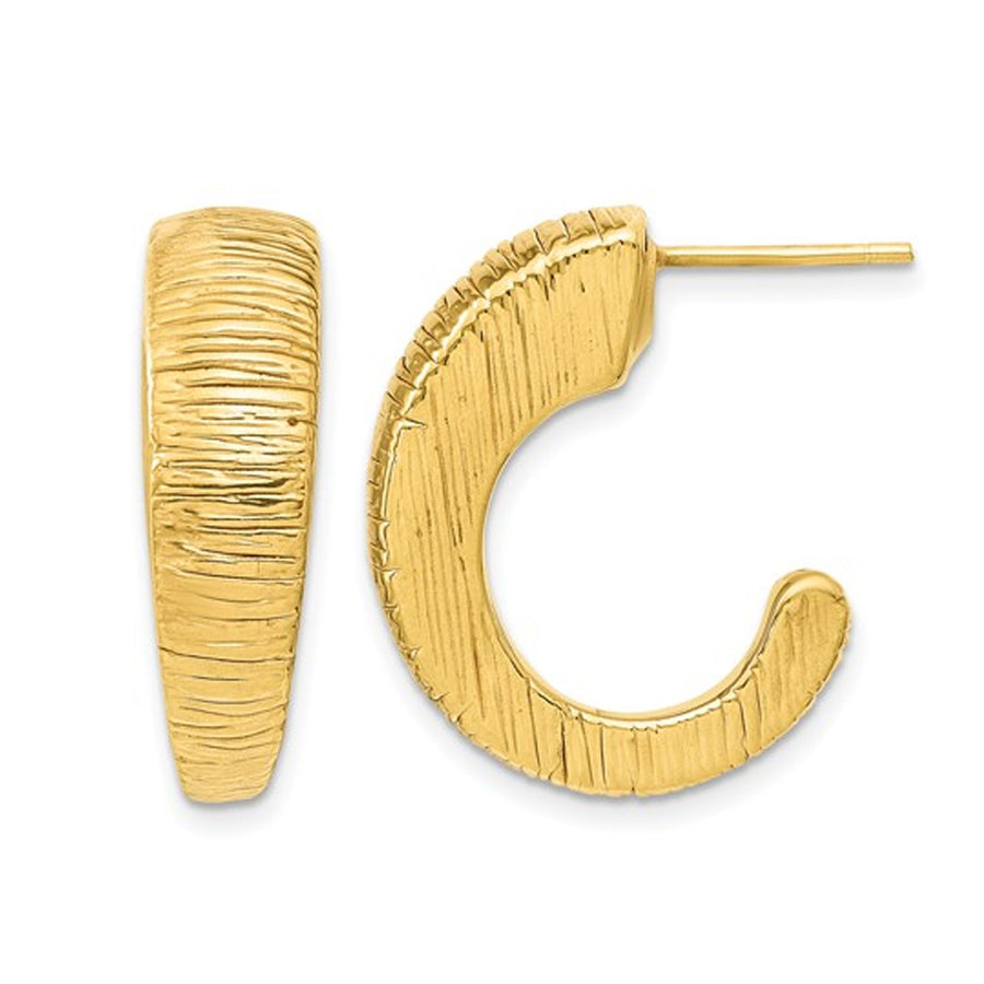 14K Yellow Gold Textured Design J-Hoop Earrings Image 1