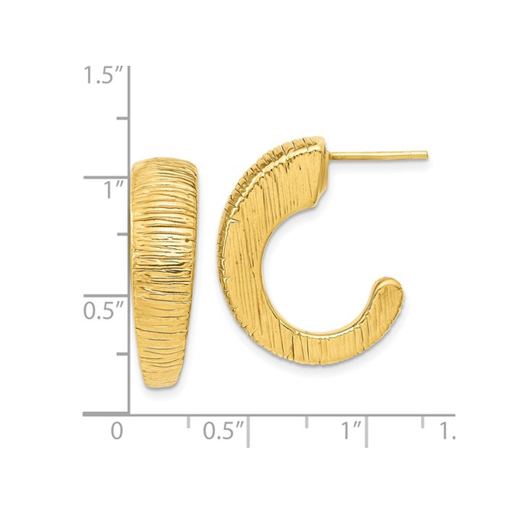 14K Yellow Gold Textured Design J-Hoop Earrings Image 2