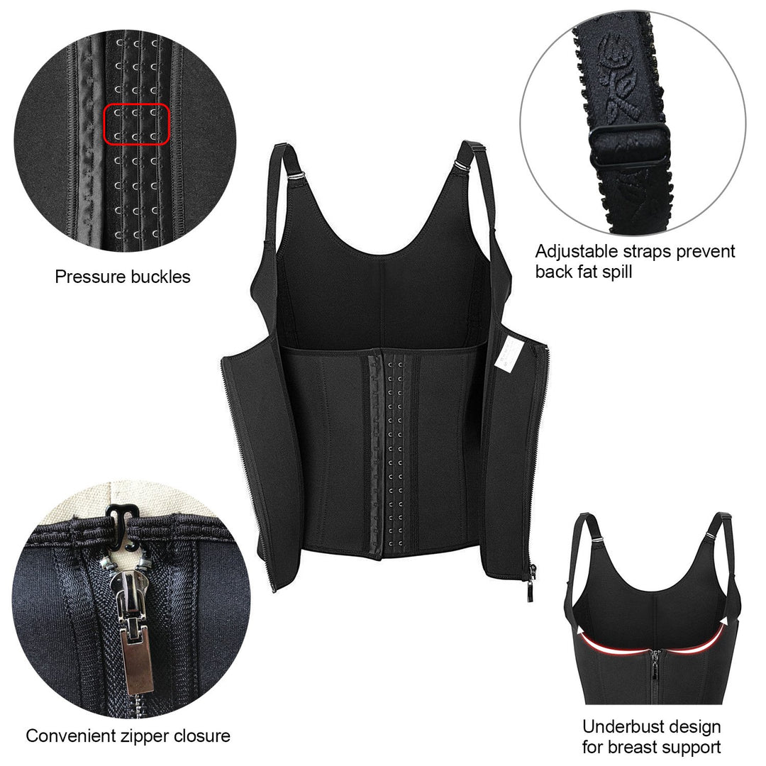 Zippered Waist Trainer Corset Black Tummy Control Body Shaper Adjustable Straps Image 3