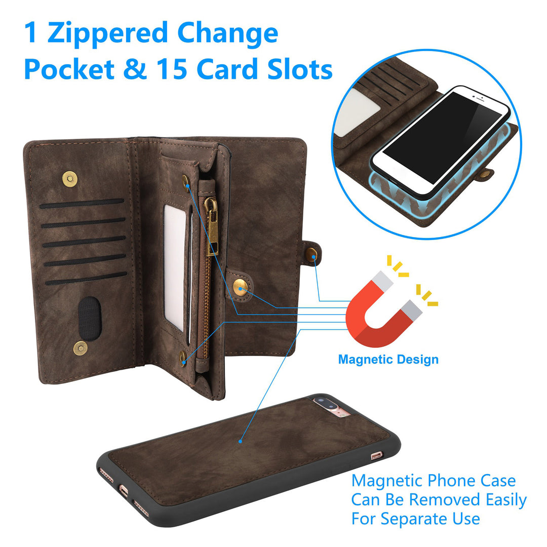 Phone Wallet Case For iPhone 8 Plus Portable Wallet Case 2 in 1 Leather Zipper Magnetic Detachable 15 Card Slots Image 4