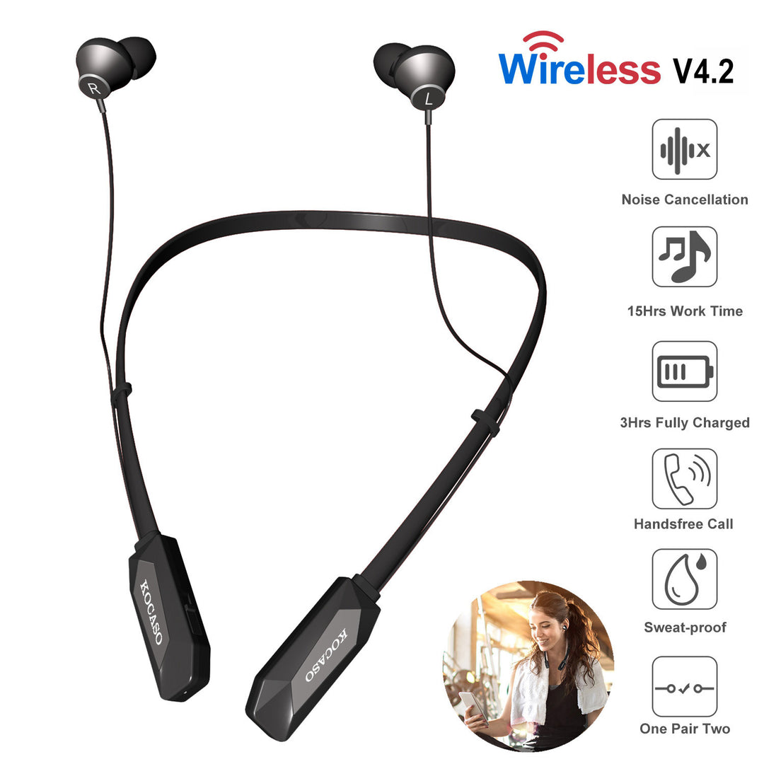 Wireless Neckband Headphones V4.2 Sweatproof Sport Earbuds 15H Battery Life Black Image 1