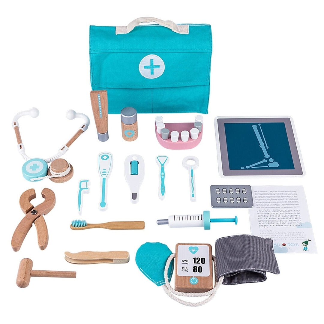 18 Pcs Children Wooden Role Play Pretend Dentist Toolbox Doctor Medical Playset with Stethoscope Early Education Toy Image 1