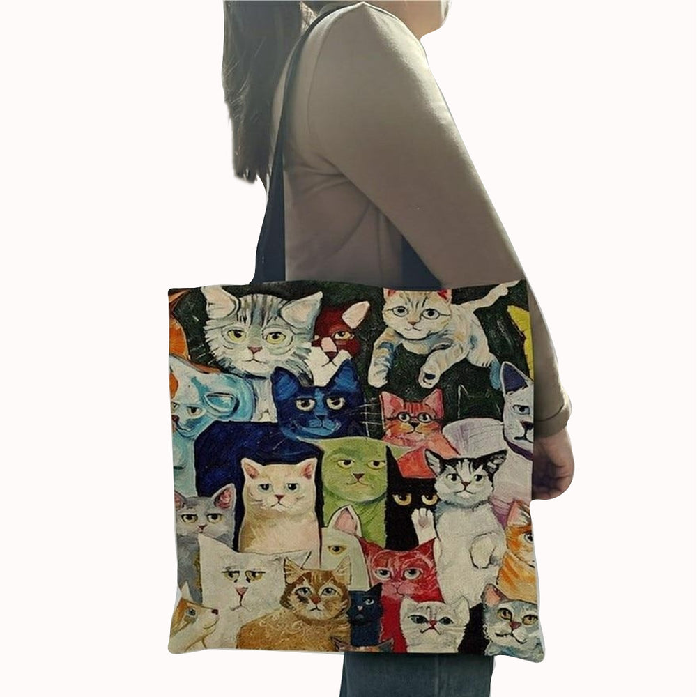 Cute Cartoon Anime Cat Print Linen Tote Bag Women Fashion Handbags School Travel Shopping Shoulder Bags Reusable Image 2