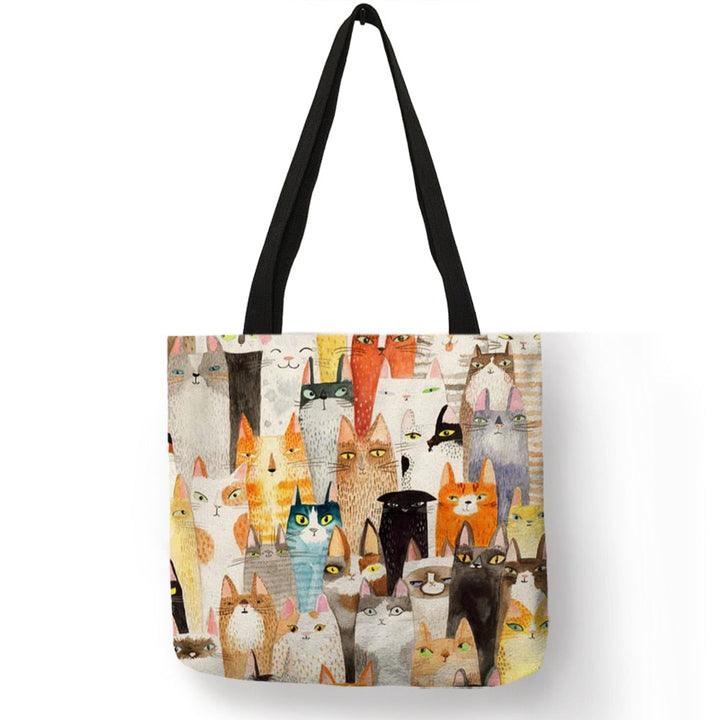 Cute Cartoon Anime Cat Print Linen Tote Bag Women Fashion Handbags School Travel Shopping Shoulder Bags Reusable Image 4