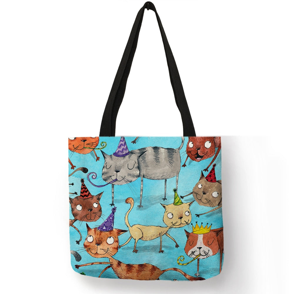Cute Cartoon Anime Cat Print Linen Tote Bag Women Fashion Handbags School Travel Shopping Shoulder Bags Reusable Image 6