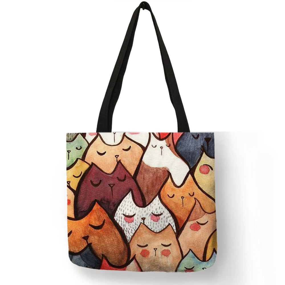 Cute Cartoon Anime Cat Print Linen Tote Bag Women Fashion Handbags School Travel Shopping Shoulder Bags Reusable Image 7