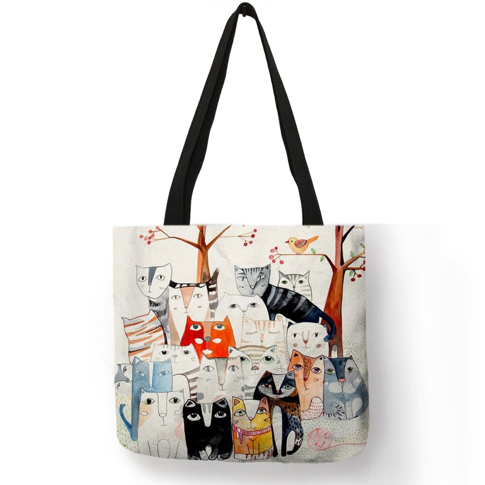 Cute Cartoon Anime Cat Print Linen Tote Bag Women Fashion Handbags School Travel Shopping Shoulder Bags Reusable Image 8
