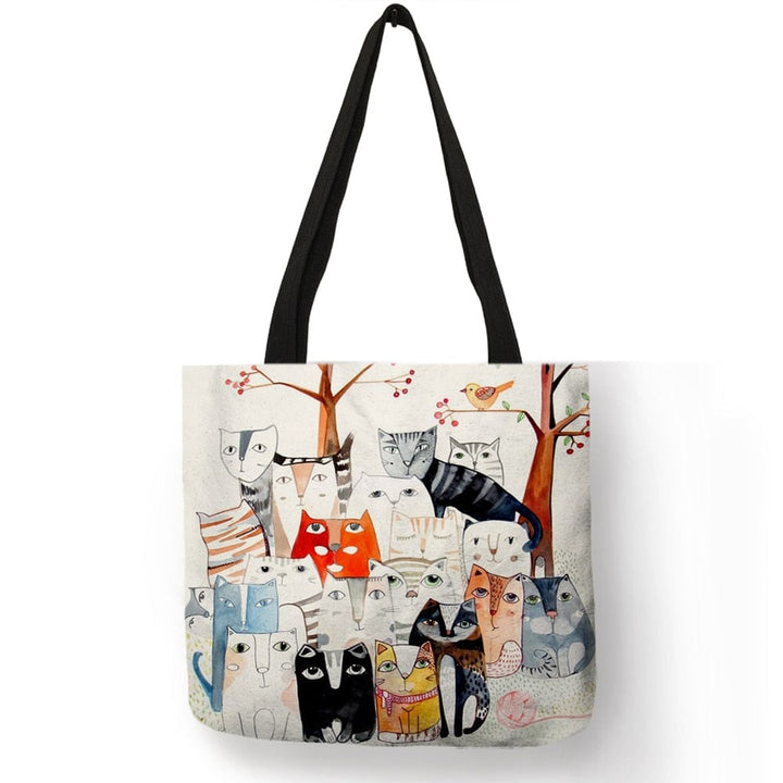Cute Cartoon Anime Cat Print Linen Tote Bag Women Fashion Handbags School Travel Shopping Shoulder Bags Reusable Image 1
