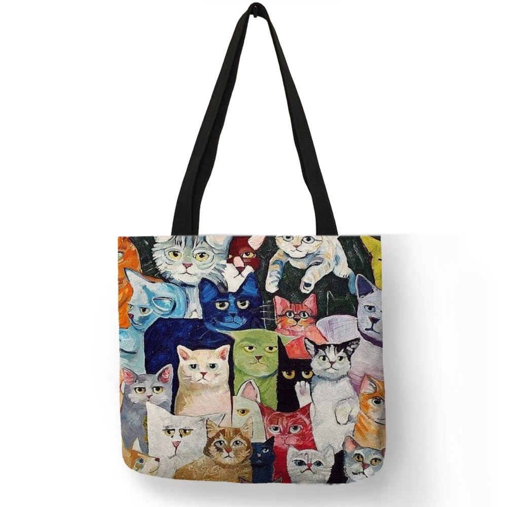 Cute Cartoon Anime Cat Print Linen Tote Bag Women Fashion Handbags School Travel Shopping Shoulder Bags Reusable Image 9