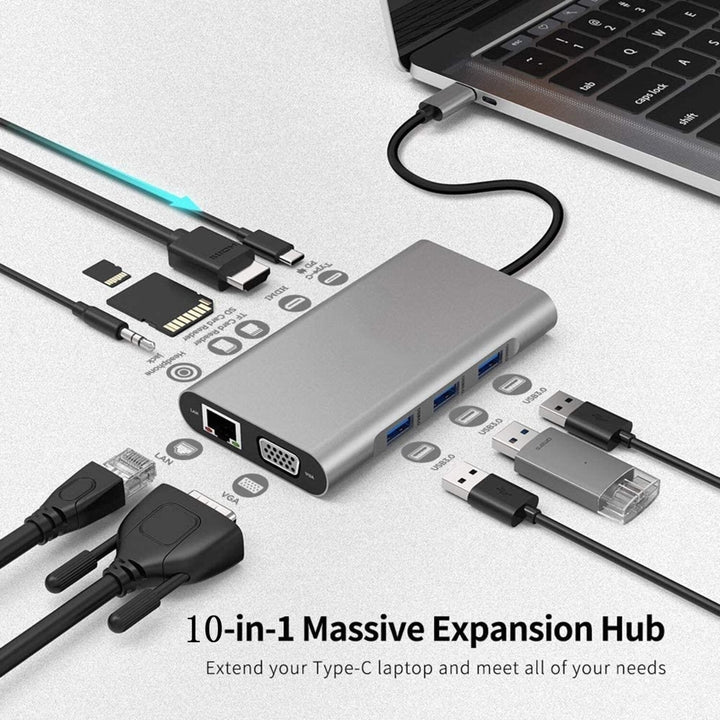 10-in-1 USB-C HUB Docking Station Adapter With USB-C PD 100W Power DeliveryHDMIMemory Card Readers3.5mm Audio Image 3