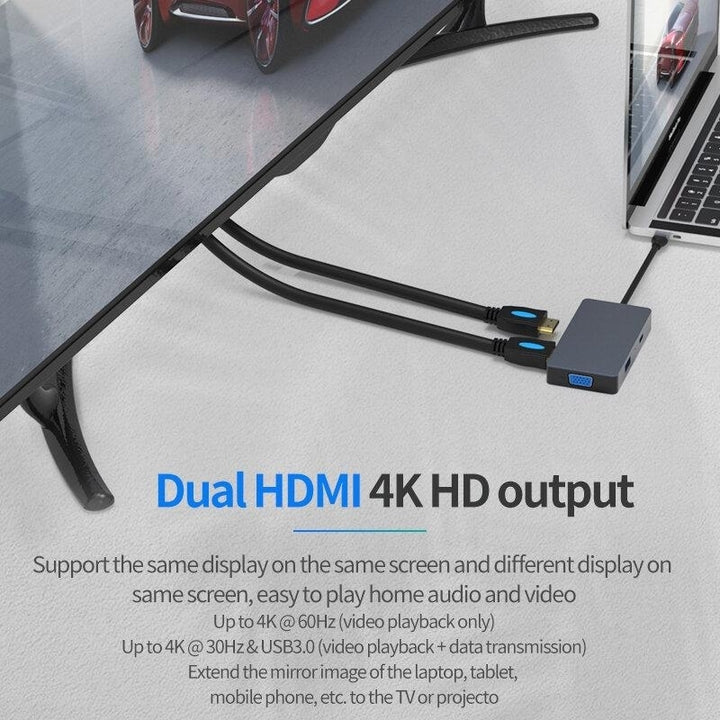 5 In 1 Triple Display USB-C Hub Docking Station Adapter With USB 3.0 Dual HDMI 4K HD Display 1080P VGA 100W Type-C PD Image 4