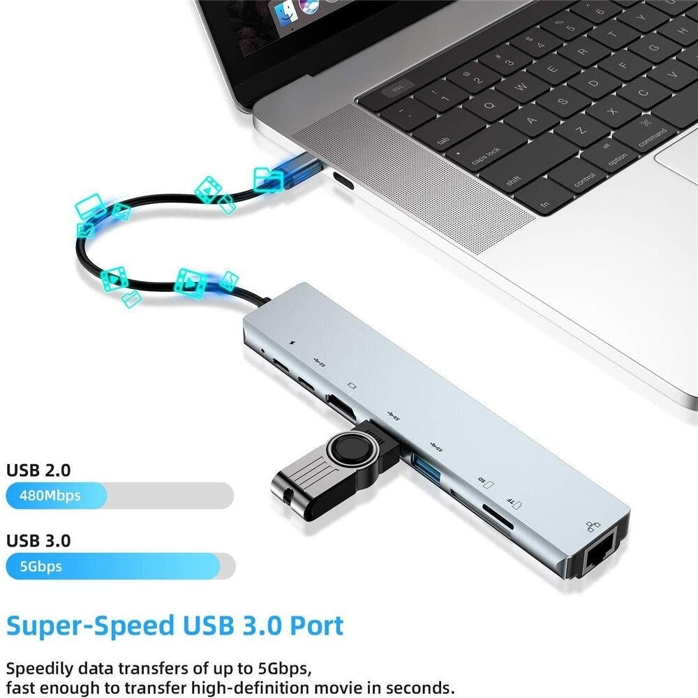 8-in-1 USB-C Hub Docking Station Adapter With 4K HDMI HD Display 87W USB-C PD3.0 Power Delivery USB-C Data Transmission Image 4