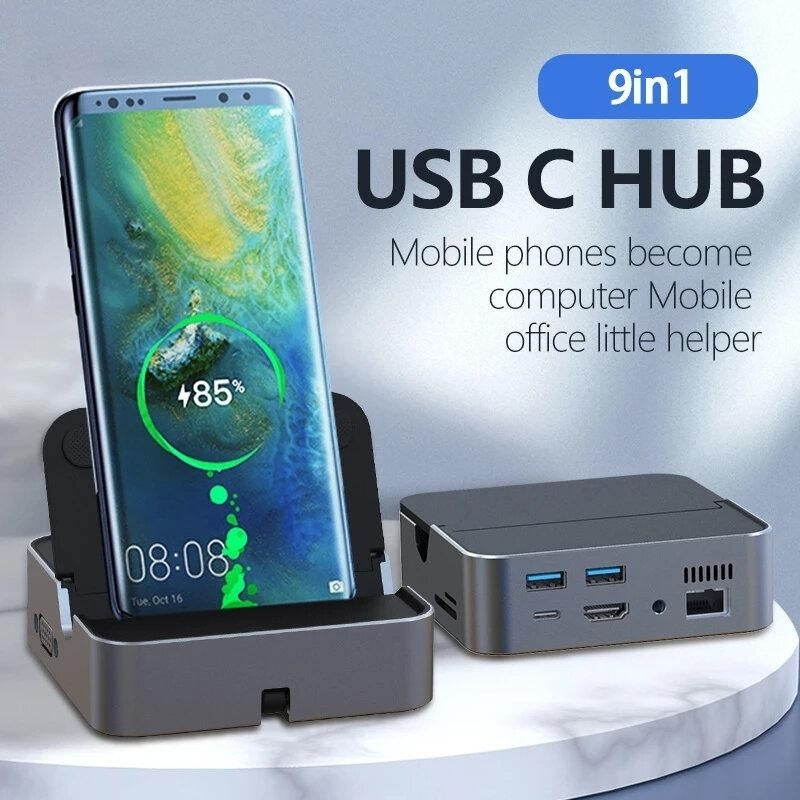 9 In 1 USB Type-C Hub Docking Station Adapter With 4K HDMI Display 1080P VGA 100W USB-C PD3.0 Power Delivery Image 3