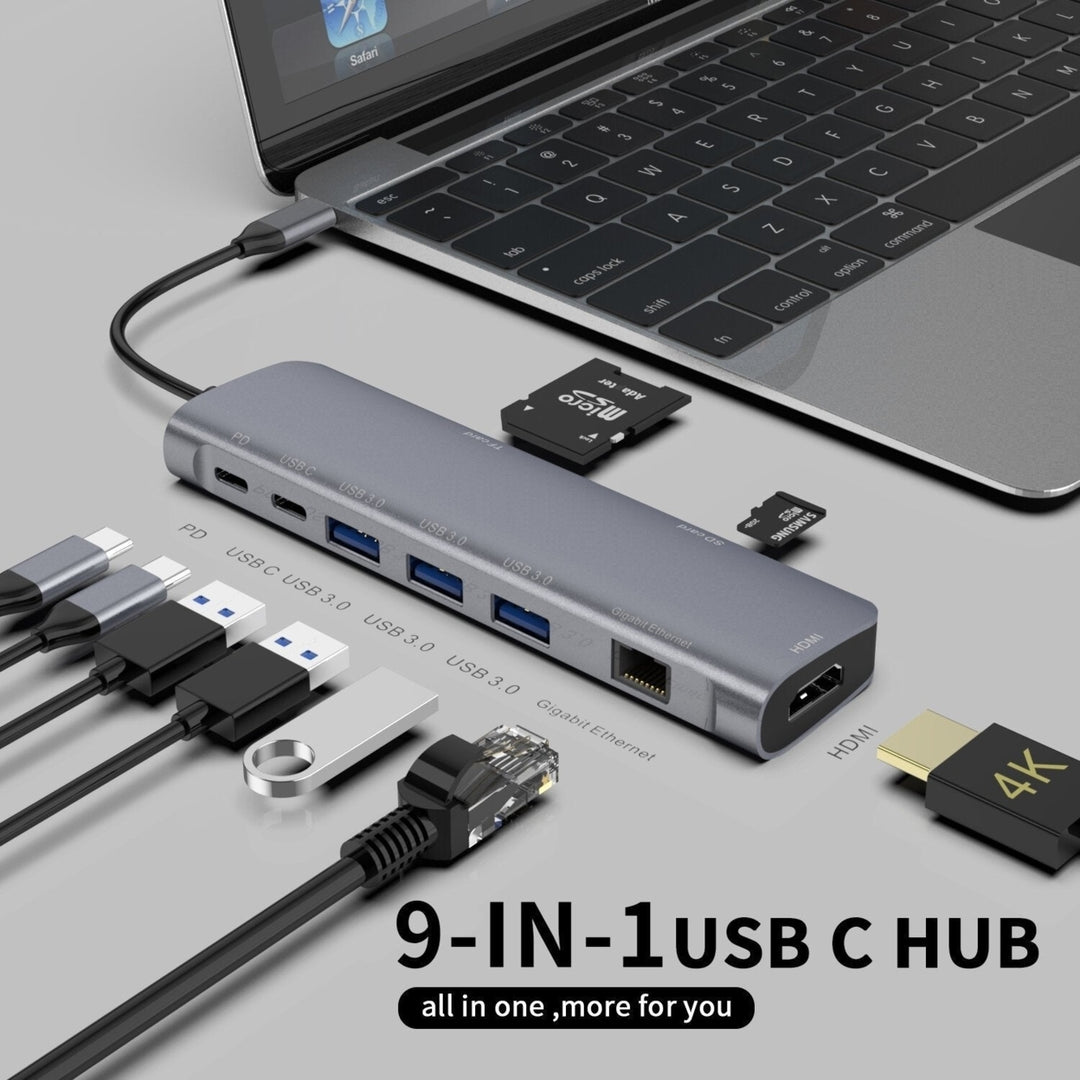 9 in 1 USB-C Hub Docking Station Adapter with USB3.03 USB-C Data Transfer 100W USB-C PD 4K 30HZ HD Display Video Output Image 2
