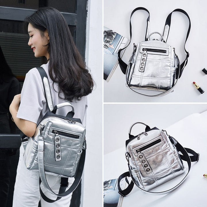Women Shoulder bag Multifunction Backpacks For Teenage Girls Schoolbag Female Rucksack Travel Bag Silver Image 6