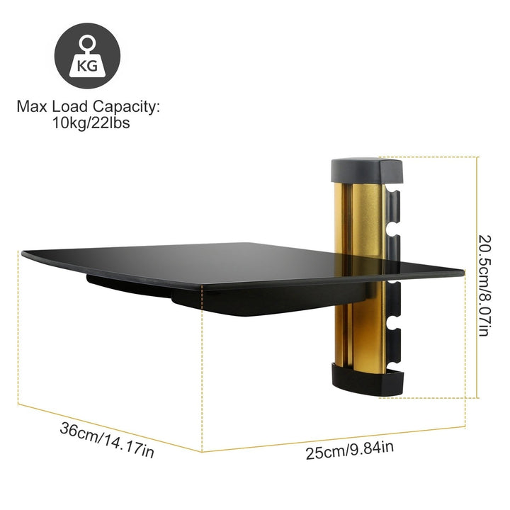 Floating Glass Shelf 14.17x9.84in Cable Management 22lbs Capacity Black Gold Silver Image 1