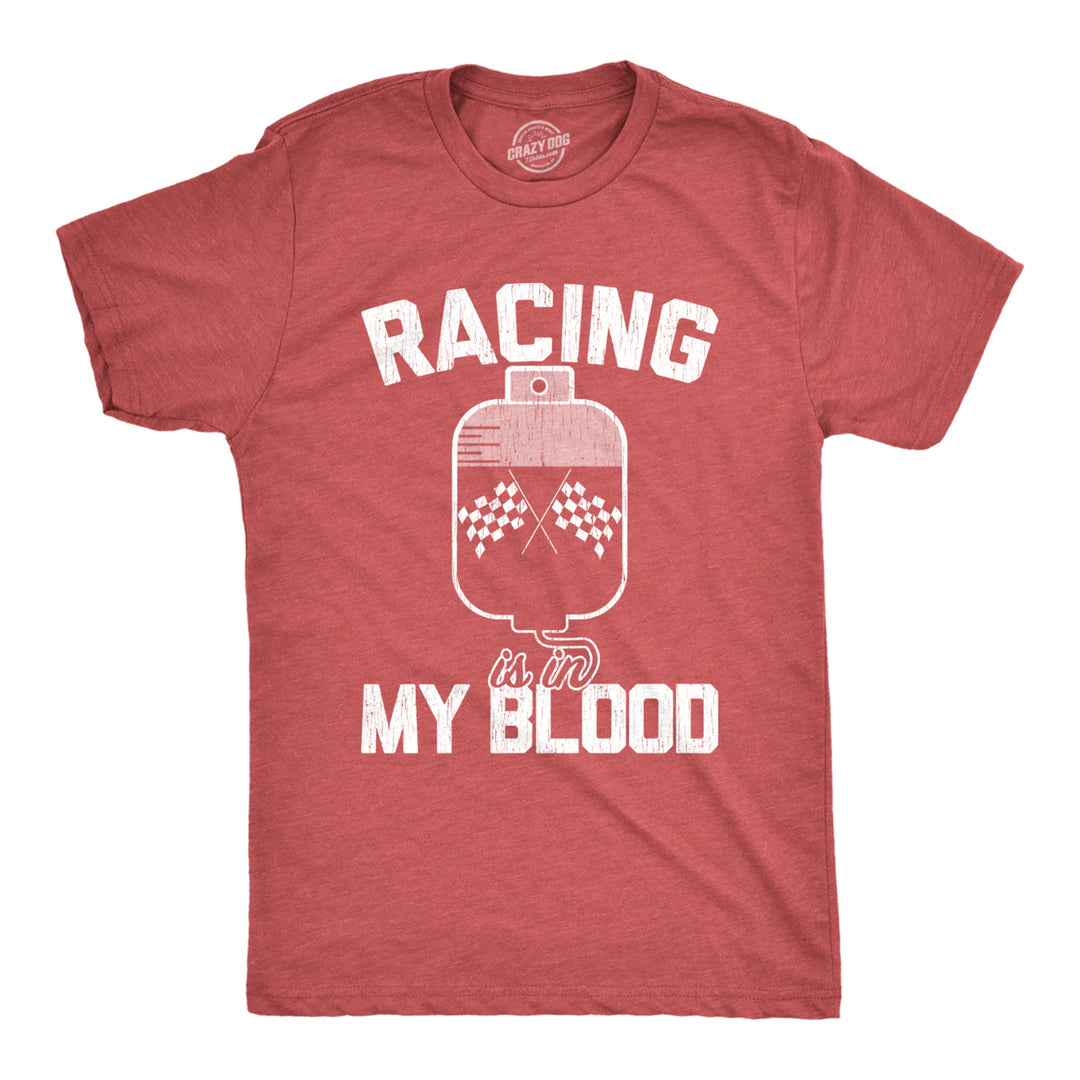 Mens Racing Is In My Blood T Shirt Funny Cool Checkered Flag Blood Bag Tee For Guys Image 1