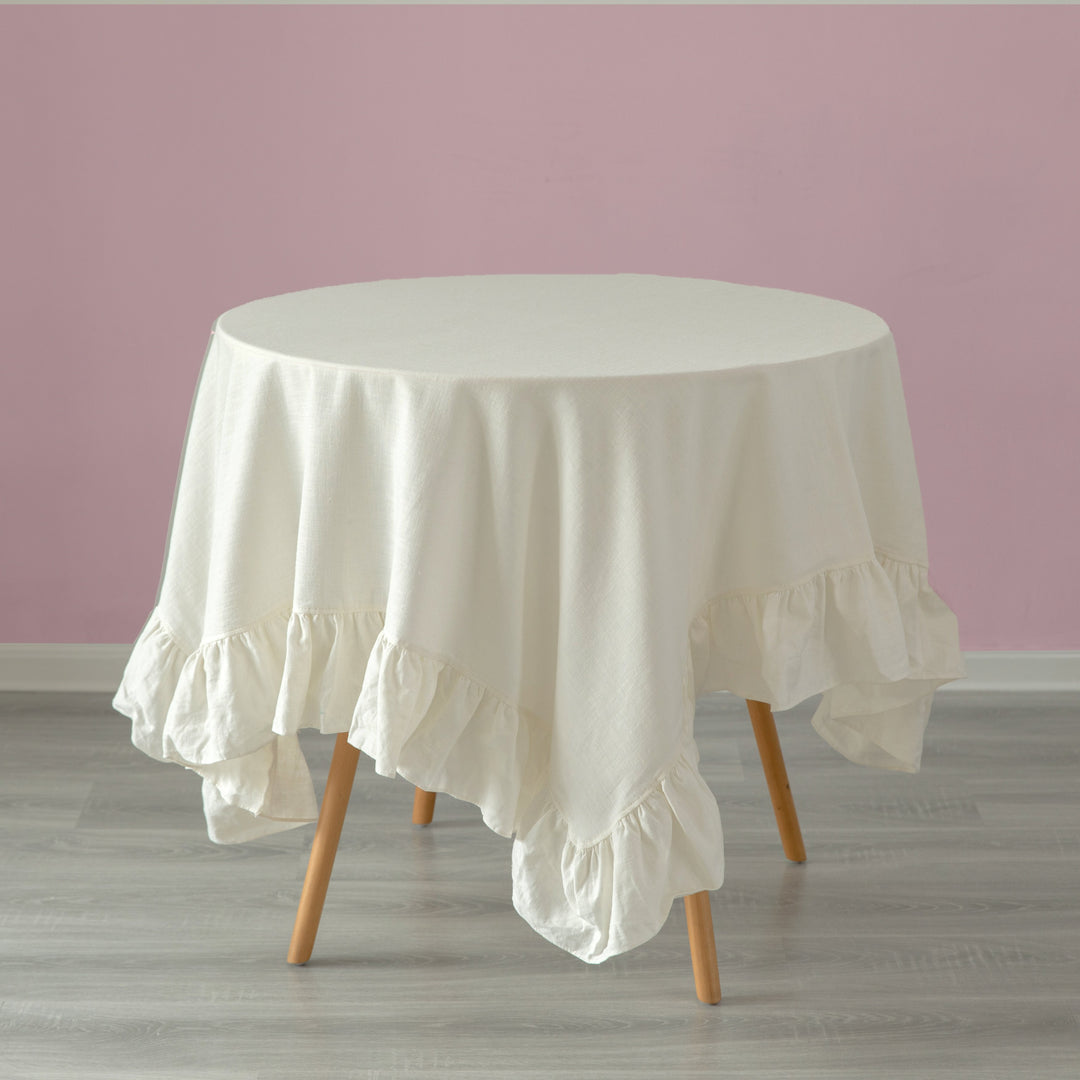 Deerlux 100 Percent Pure Linen Tablecloth Ruffle Trim Multiple Sizes Colors Image 1