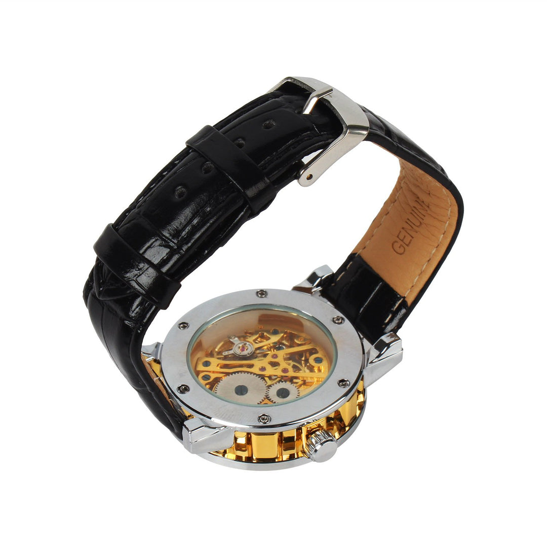 Gold Dial Skeleton Mechanical Watch Stainless Steel Case Leather Band 4.1cm Image 3