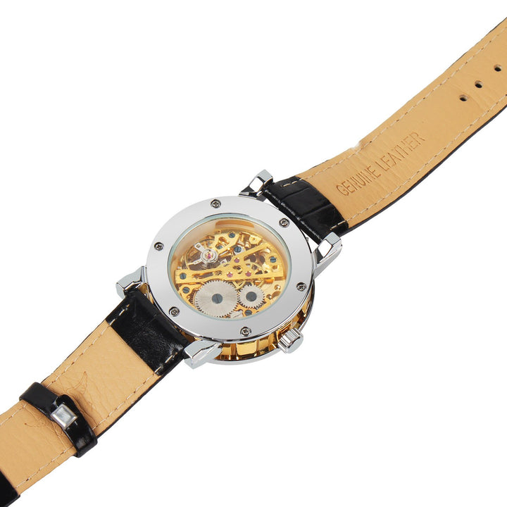 Gold Dial Skeleton Mechanical Watch Stainless Steel Case Leather Band 4.1cm Image 4