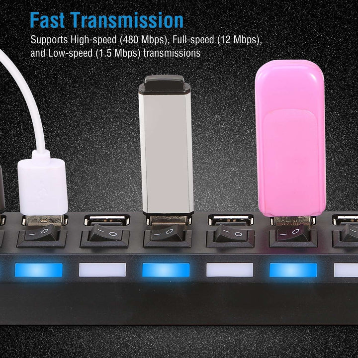 7 Port USB 2.0 Hub High Speed Multiport USB Hub with Individual Switches and LEDs Image 4