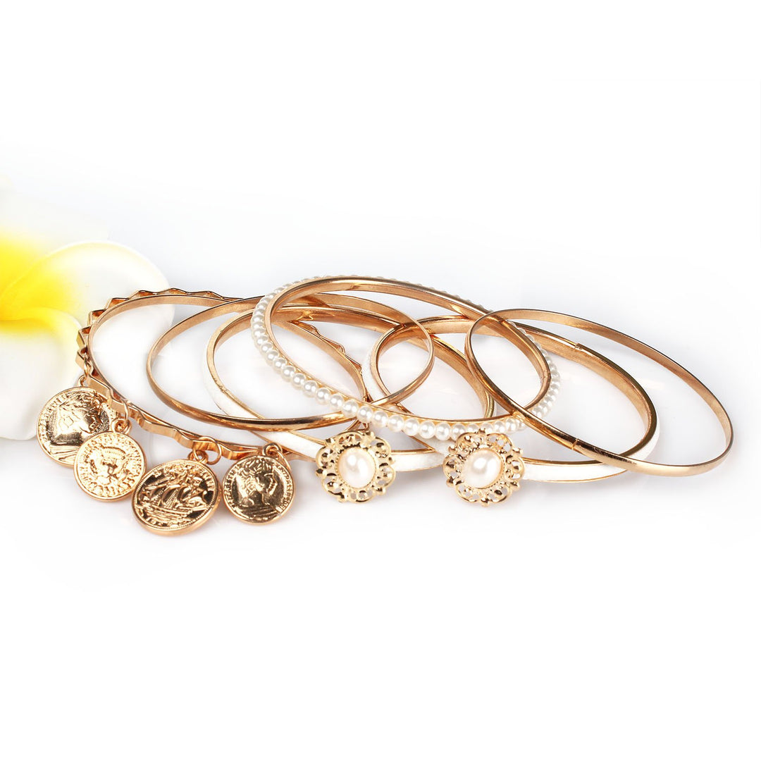 Gold Plated 6 Piece Bangle Set with Imitation Pearls Alloy 7cm Diameter Image 2