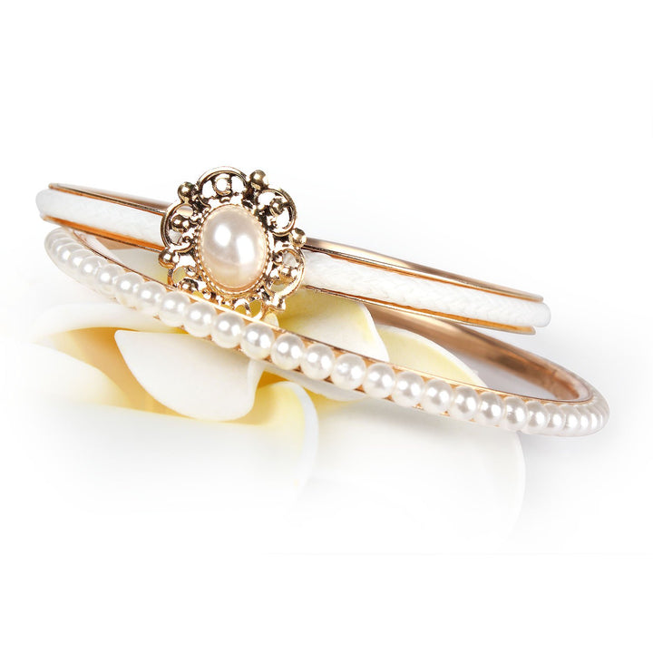 Gold Plated 6 Piece Bangle Set with Imitation Pearls Alloy 7cm Diameter Image 3