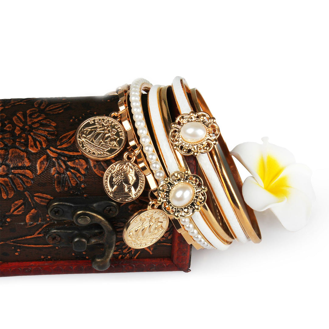 Gold Plated 6 Piece Bangle Set with Imitation Pearls Alloy 7cm Diameter Image 4