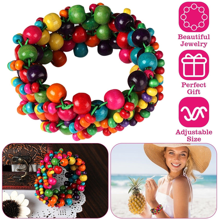 Colorful Wooden Beaded Stretchy Bracelet Elastic for Women Girls Children Image 1