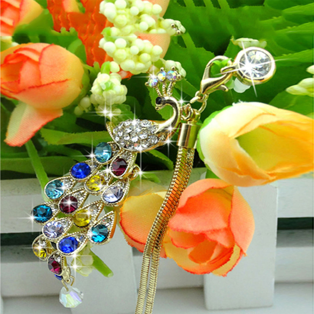 Colorful Crystal Diamond Peacock Dust Cap Pendant for Cell Phone 3.5mm Jack Image 2