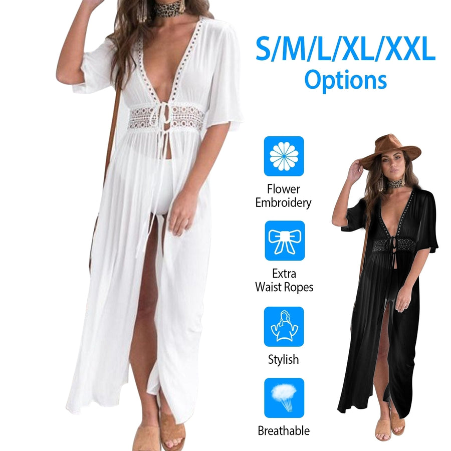 Women Lace Bathing Suit Long Sexy Bikini Swimwear Summer Cover Up Beach Dress Swimsuit with Waist Rope Image 1