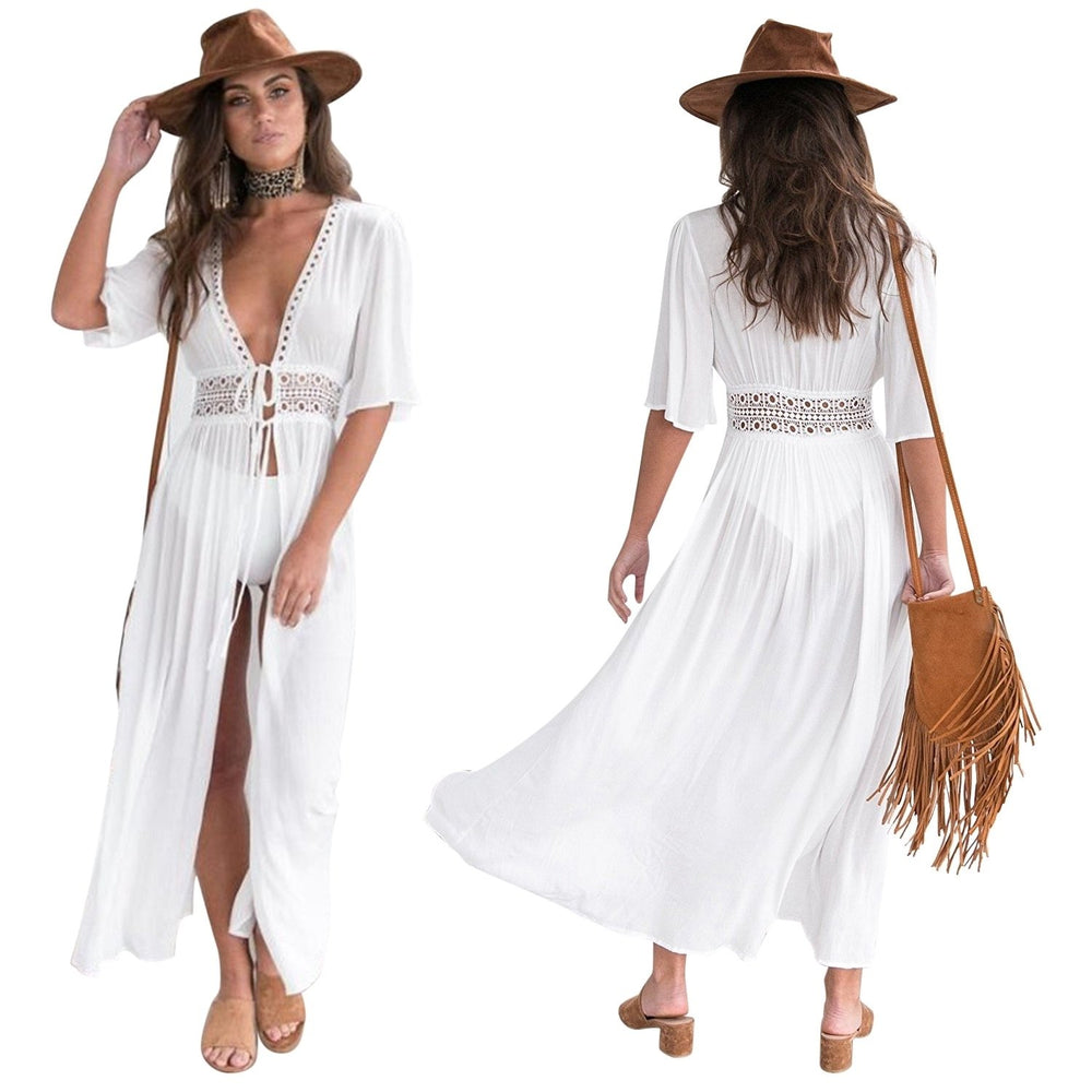 Women Lace Bathing Suit Cover Up Dress Polyester Black White S-XXL Summer Swimwear Image 2