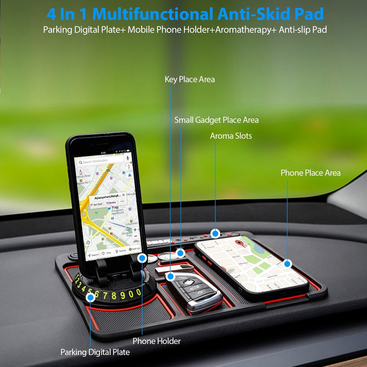 Car Phone Mat 4 In1 Dashboard 360 Rotatable Phone Holder Pad with Aroma Parking Number Plate Image 3
