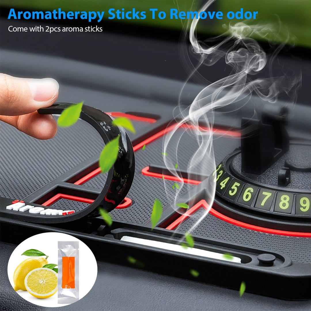 Car Phone Mat 4 In1 Dashboard 360 Rotatable Phone Holder Pad with Aroma Parking Number Plate Image 4