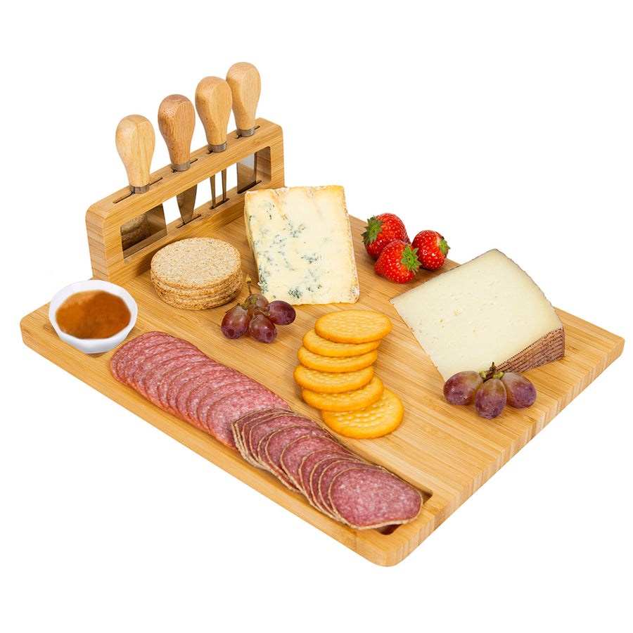 Bamboo Cheese Board Charcuterie Cheese Platter Board Serving Tray with Cutlery Set for Wedding Birthdays Christmas Image 1