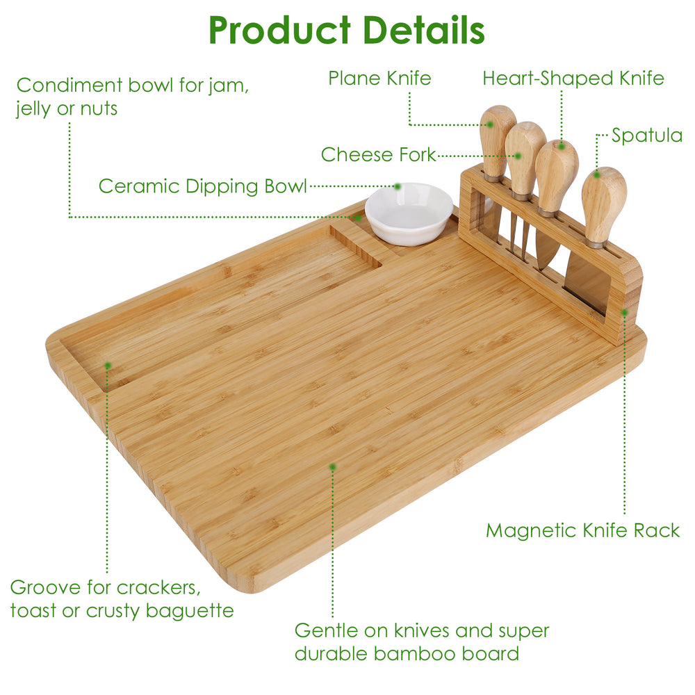 Bamboo Cheese Board Charcuterie Cheese Platter Board Serving Tray with Cutlery Set for Wedding Birthdays Christmas Image 2